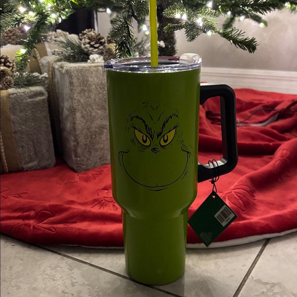 The viral GRINCH Tumbler from hobby lobby 40oz  insulated with handle and straw